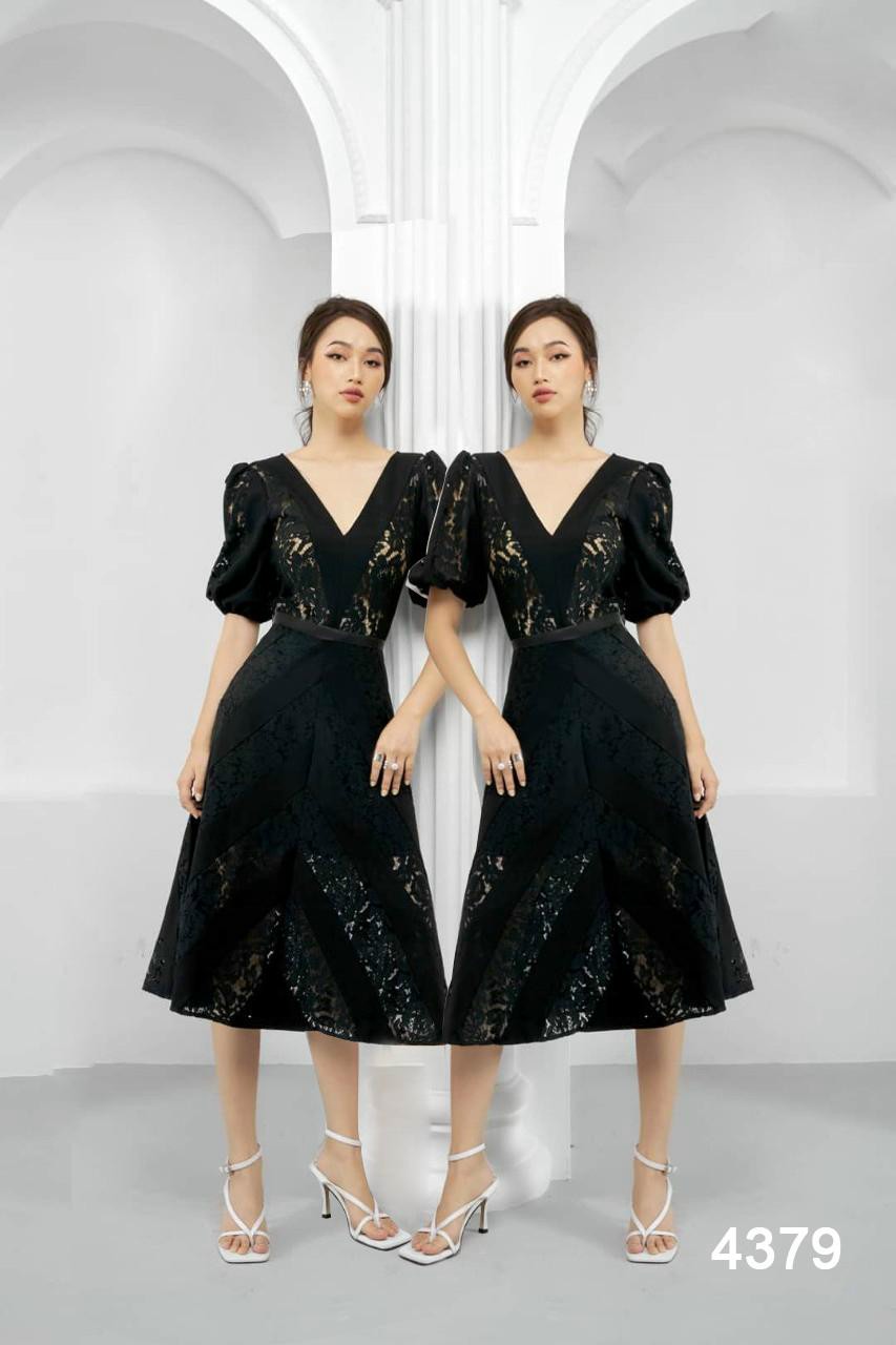Đầm xòe ren cổ chữ V dự tiệc - Image 3